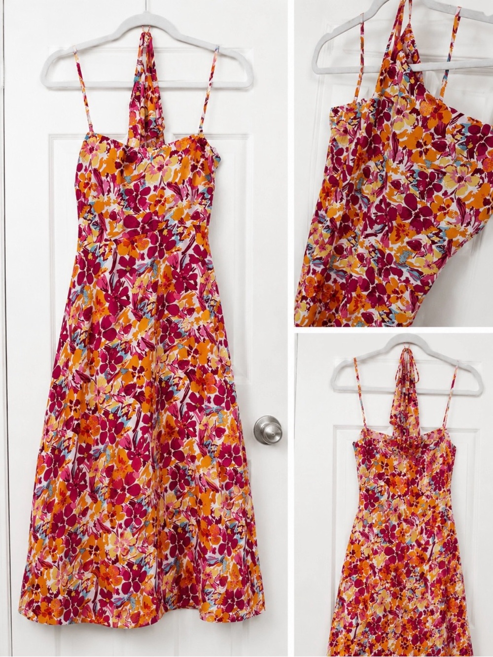 Forever 21 Pink & Orange Floral Halter Midi Dress